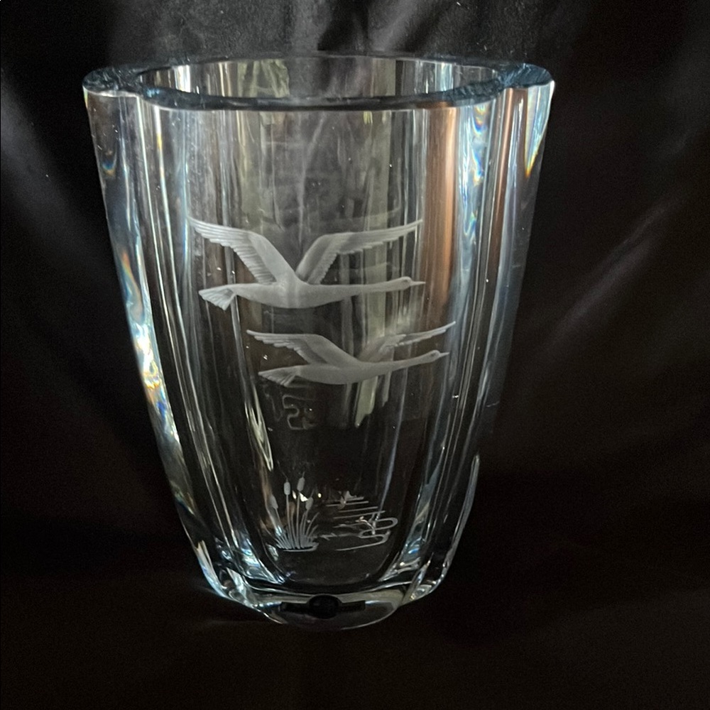 Swedish Strommbergshyttan Crystal Vase with Etched Birds